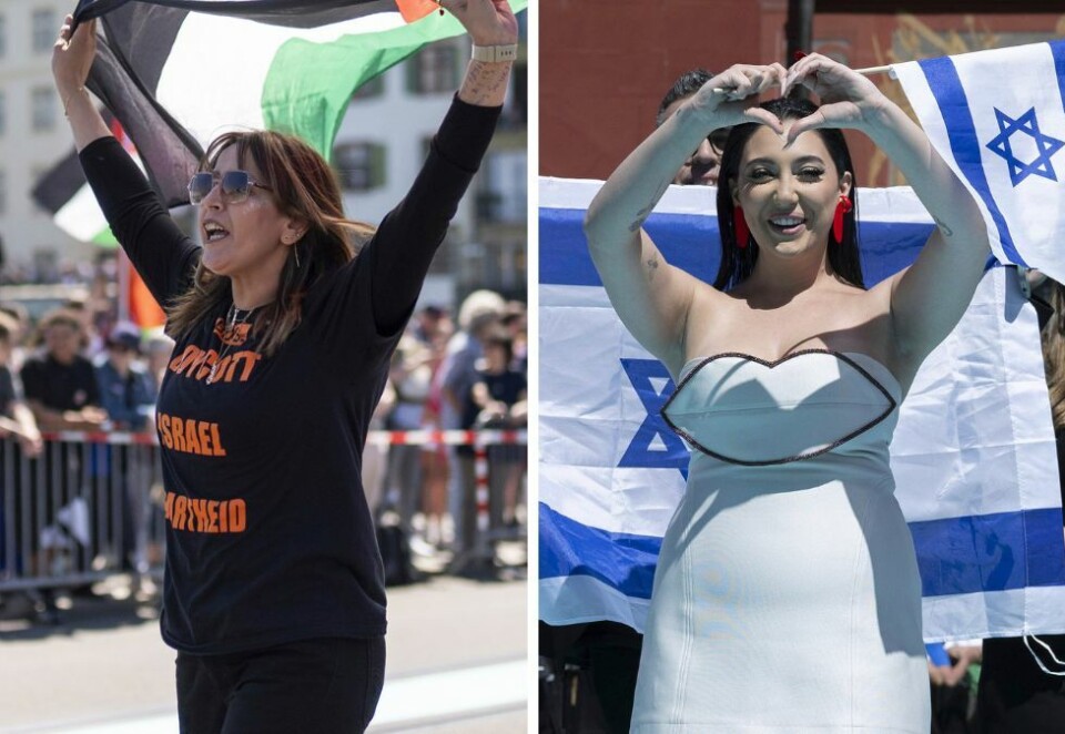 Møtte frem: Folk møtte frem for å vise sin støtte til Palestina under paraden i Basel søndag. På paraden var også Israels Eurovision-håp Yuval Raphael. Foto: NTB/NTB.