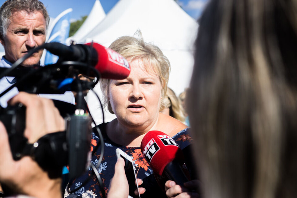 Konfrontert: Mediene var mer interessert i Per Sandbergs nylige Iran-tur enn bærekraft da de møtte Erna Solberg på Ekebergsletta. Foto: Tobias Fredø.