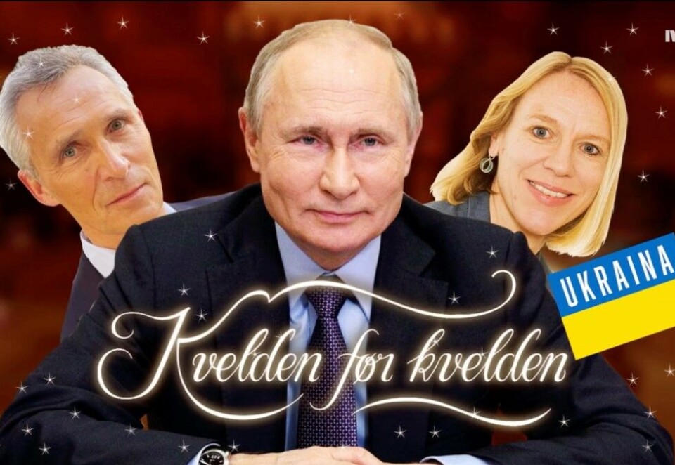 Får seere til å reagere: Et gjengangsord i klagene på «Nytt på Nytt»-panelets vitsning med Ukraina er «smakløs». Foto: Skjermdump