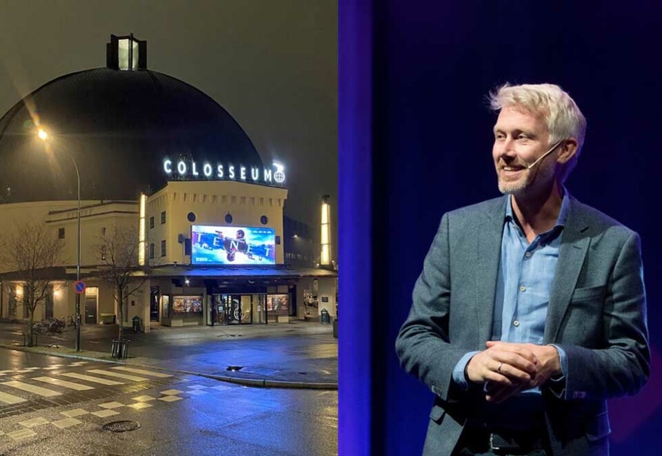 På hjemmebane: Det var på Colosseum Kino i begynnelsen av desember, på Egmonts eget kinopalass i Oslo, at TV 2-sjefen Olav Sandnes presenterte sitt fotballbud for først gang. To uker senere ble det klart at TV 2 sikret seg retten til å vise all norsk fotball fra 2023. Foto: Knut Kristian Hauger