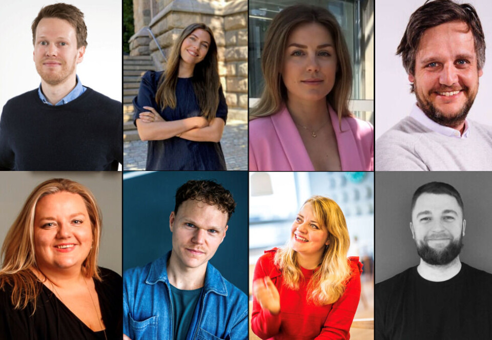 Skal samle bransjen: Thomas Veheim (AdLink), Nikoline Mevassvik Haugen (VG), Lina Tandberg Martens (Schibsted), Tore Nesheim (AdLink), Christina Eriksen Fagernes (Plan-B), Martin Holvik (NRK), Vilde Hjort Batzer (NRK) og Jim Fossheim (Moderne Media) står bak initiativet om å starte en norsk podkast-forening.
