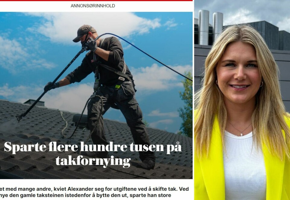 Bruker egne ansatte: Når Schibsted Partnerstudio lager annonsørinnhold bruker de av og til egne ansatte som caser i sakene. Her for en sak for selskapet Takfornying. Personen i bildet er ikke ansatt i Schibsted, men personen som får taket fornyet er det. Leder i Partnerstudio, Mikaela Folkestad, mener det er innafor.