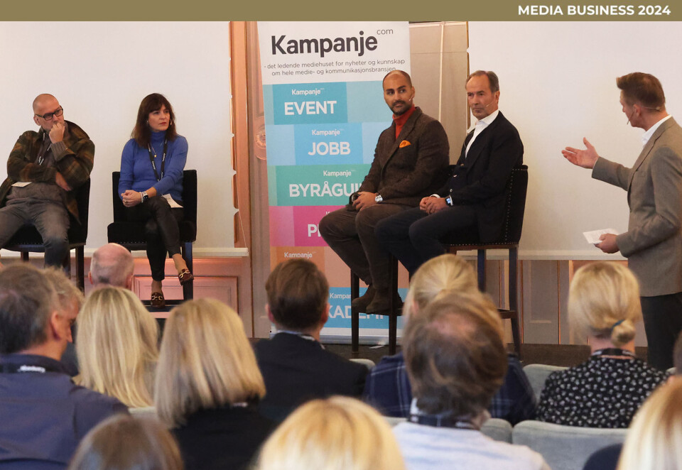 Delt på midten: - Er stiftelser redningen for norske medieselskaper, ville konferansier og debattleder Knut Kristian Hauger i Kampanje vite på årets Media Business-konferanse. Han fikk ulike svar fra panelet som bestod av NHH-professor Øyvind Foros, Schibted-eier Kjersti Løken Stavrum, Aller Media-eier Michael Aller og FSN Capital-grunnlegger Frode Strand Nielsen. Foto: Eivor Eriksen