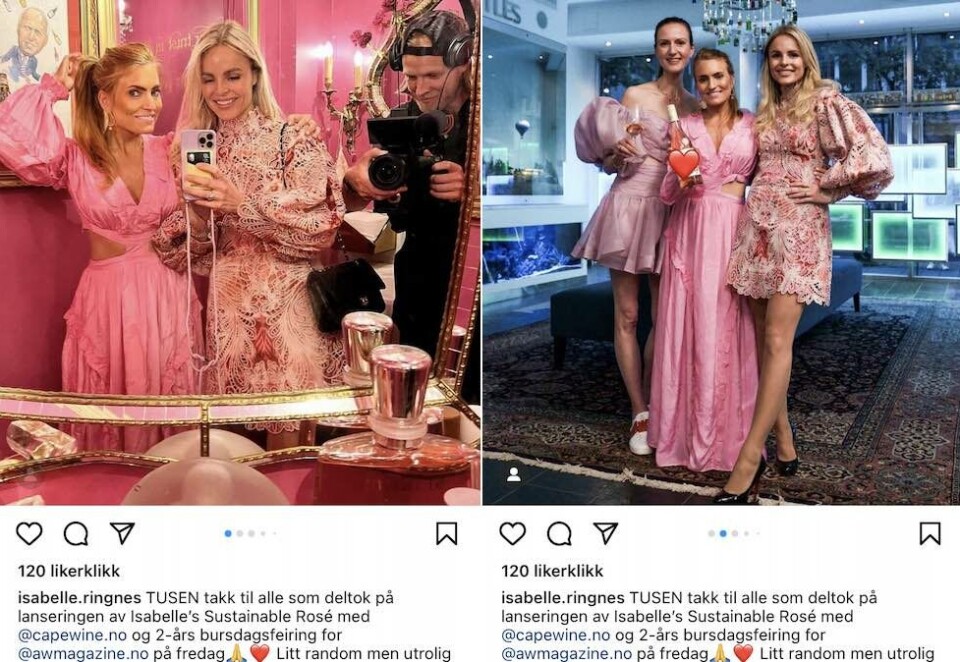 Reklametabbe: Bilder fra milliardærarving Isabelle Ringnes’ lanseringfest for vinen Isabelle’s Sustainable Rosé ble delt på Ringnes egen Instagram-konto. Det var en tabbe. - Det er ikke lov å reklamere eller informere om alkohol på sosiale medier, sier Vin - og brennevinleverandørenes forening.