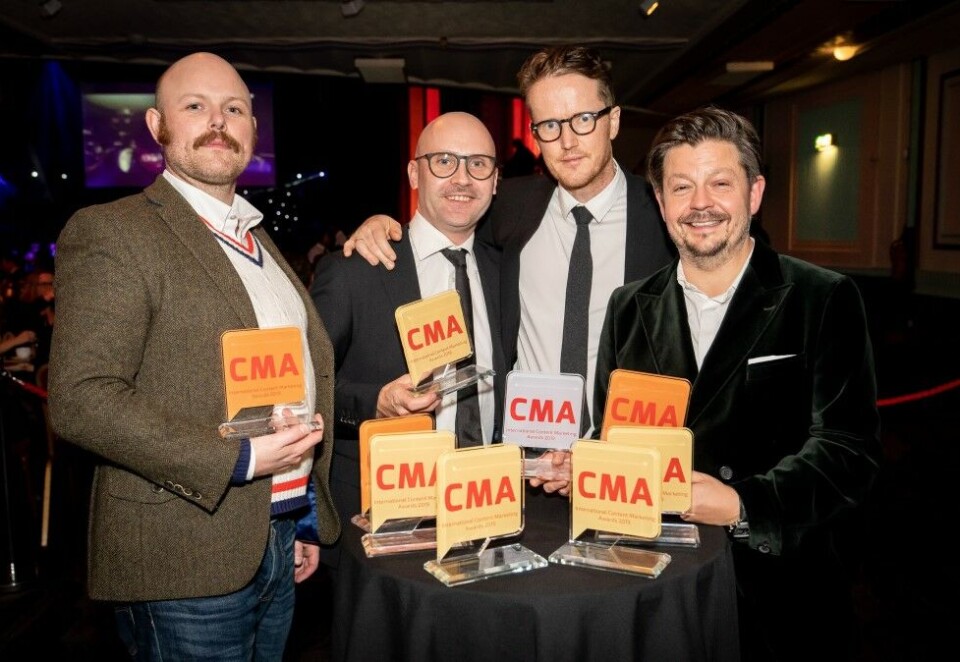 Prisdryss: Geelmuyden Kiese vant ni priser under International Content Marketing Awards (CMA). - Det er klart det er stas å vinne så mye i en internasjonal konkurranse som omtales som verdensmesterskap i content, sier kreativ leder i byrået, Ole Henrik Stubberud. Fra venstre: Christoffer Lorang Dahl, Trygve Tønnessen, Morten Andresen, og Ole Henrik Stubberud. Foto CMA.