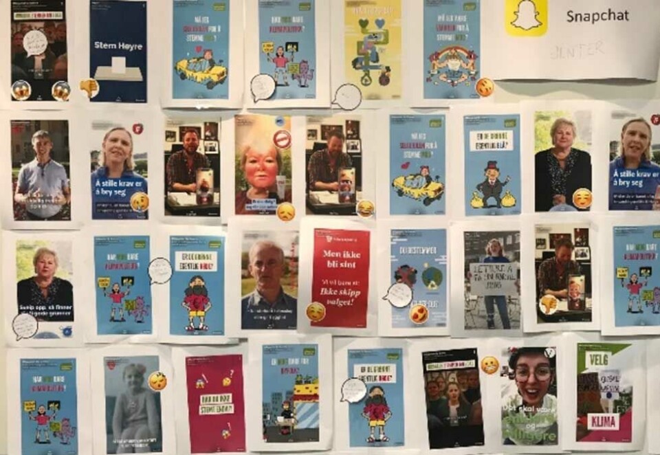 Snappy reklame fra partiene: Medietilsynet har forsøkt å kartlegge velgernes holdning til politisk reklame. Her en samlig av den politiske markedsføringen de unge hadde fått på mobilene sine hentet fra rapporten «Politisk markedsføring i sosiale medier» som legges frem i dag. Foto: Faksimile.