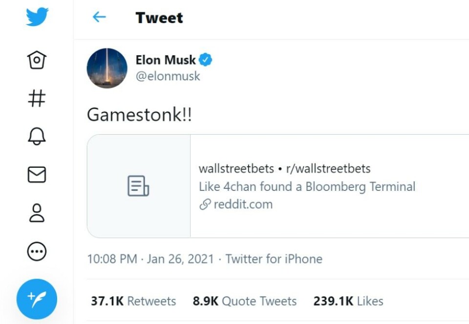 Slang seg på: Også Elon Musk, som nylig ble anslått å være den rikeste personen i verden, la merke til GameStop-saken. 26. januar postet han et Twitter-innlegg med lenke til Reddit-forumet Wall Street Bets. Foto: Skjermbilde Twitter