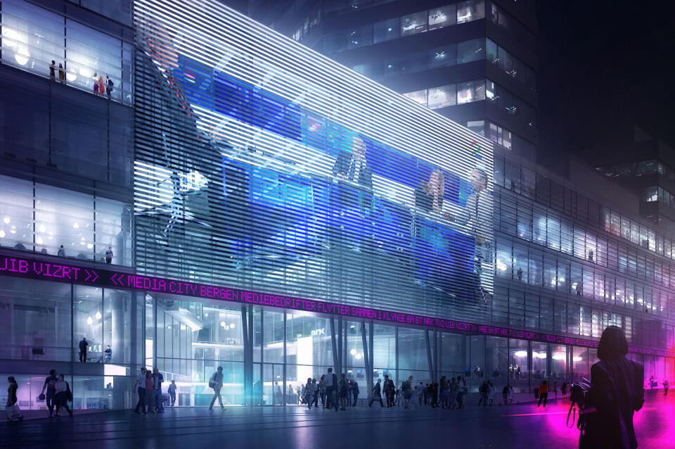Gigant: MediaCity Bergen blir med sine 45.000 kvadratmeter det største og høyeste næringsbygget i Bergen sentrum. Foto: Illustrasjon: Luxigon