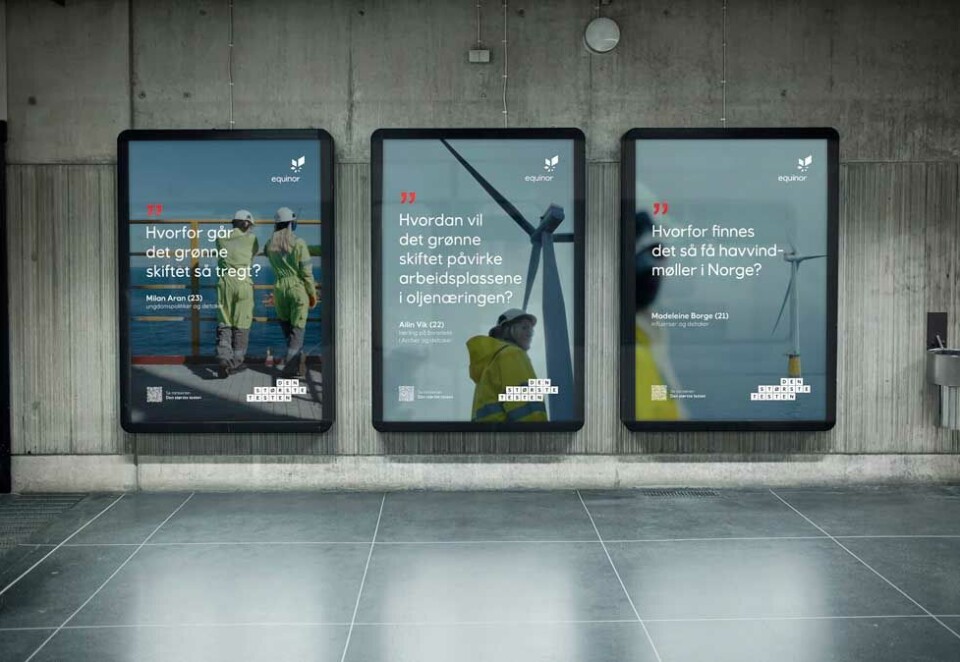 Starter annonsering: Equinor starter i neste uke annonseringen rundt den nye miniserien «Den store testen» på utendørs og i digitale kanaler. Her noen av de splitter nye utendørsplakatene.