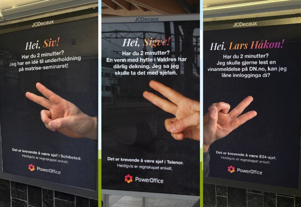 To minutter?: Konsernsjef i Schibsted Media Siv Juvik Tveitnes, konsernsjef i Telenor Sigve Brekke og ansvarlig redaktør i E24 Lars Håkon Grønning har alle fått hver sin board. PowerOffice ha sammen med reklamebyrået Morgenstern laget 20 slike boards til ulike virksomheter og deres toppleder. Foto: PowerOffice/Morgenstern