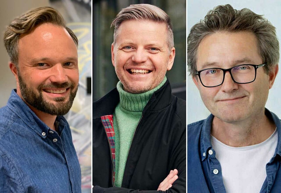 TV-trio i vekst: Det franske TV-produksjonskonsernet Banijay er til stede i Norge med selsakpene Mastiff, Nordisk Banijay og Rubicon som alle vokser kraftig i ormsetning. Her fra venstre Jostein Olseng, Erlend Røeggen og Ivar Køhn som til sammen soglte TV-programmer for 725 millioner kroner i fjor.