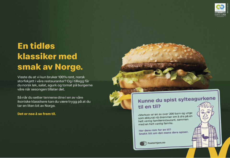 Bufdir-kampanje: Bufdir bruker emballasjen til McDonalds, First Price og Adams Matkasse i ny kampanje. Foto: Bufdir