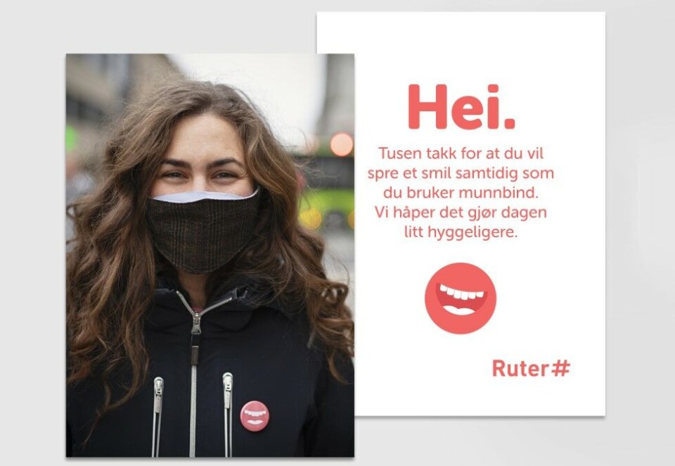 Ferske buttons: Ruter har allerede sendt ut over 500 smil-buttons. - Det er fint at vi kan vise at vi tenker litt ekstra på hverandre i en tid hvor vi kan ha liten sosial omgang ellers, sier Lisa Steen i Ruter.