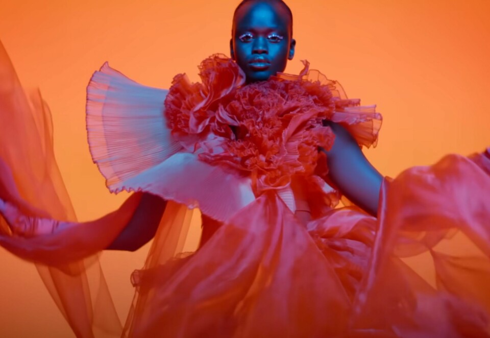 Catwalk: Jaguar byr på fargerike kreasjoner, men biler er det foreløpig dårlig med i den nye reklamefilmen. Foto: Jaguar YouTube