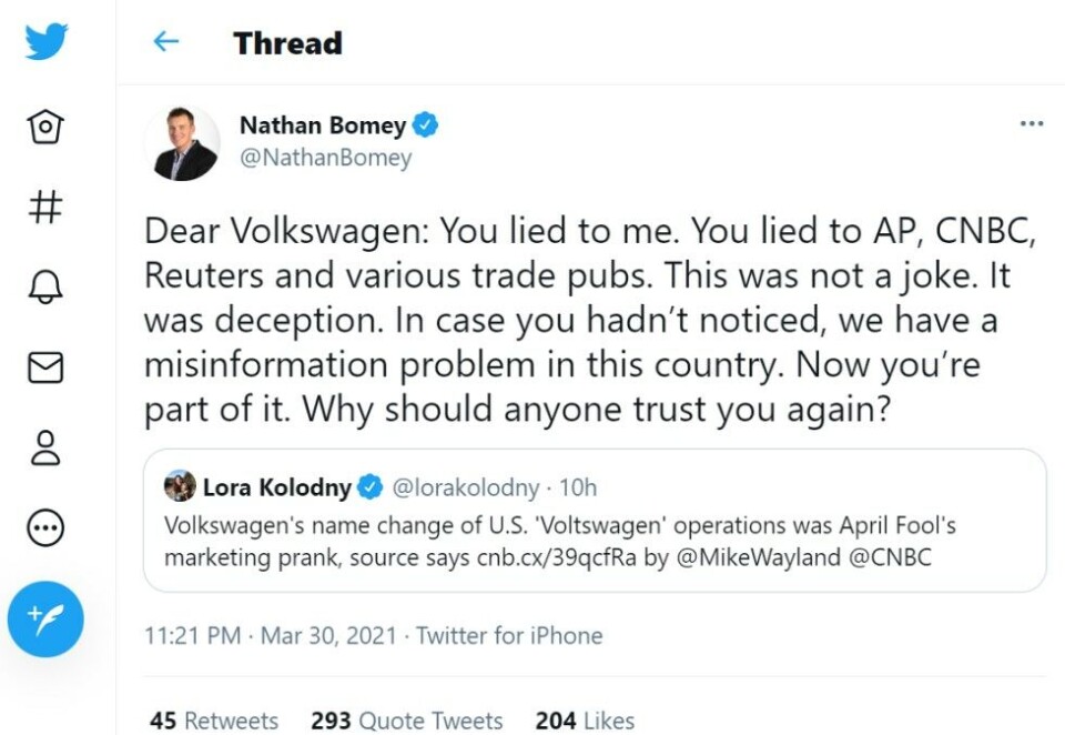 USA today-reporter Nathan Bomey er ikke imponert over bilselskapets fremgangsmåte.- Hvorfor skal noen stole på dere igjen, spør han på Twitter. Foto: Skjermbilde Twitter