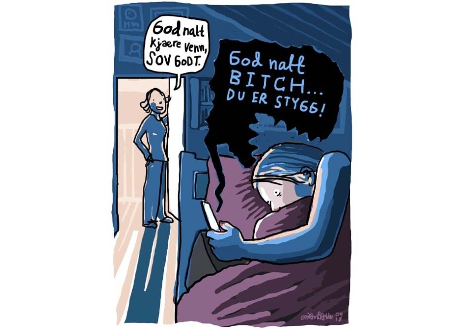 Hatytringer: Denne avistegningen sto på trykk i Aftenposten Junior, og fikk hederlig Omtale.