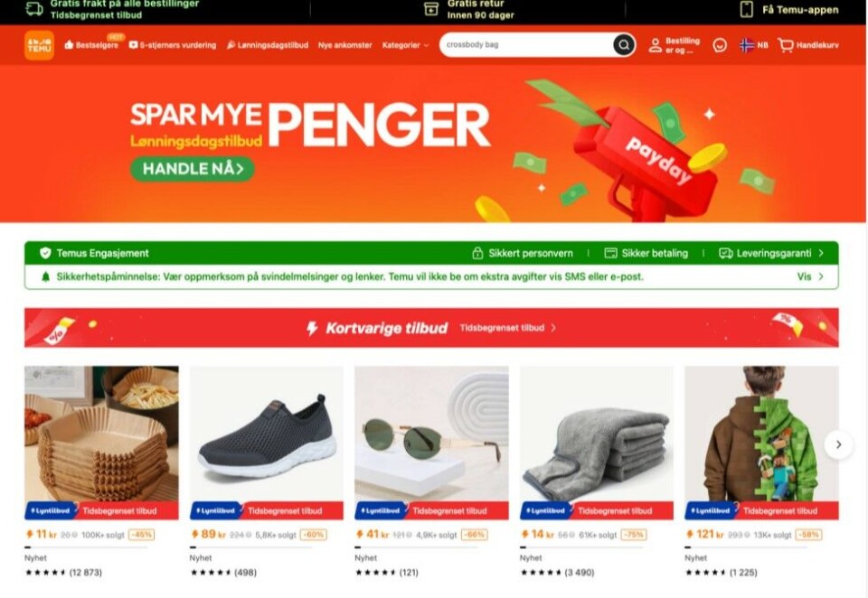 Temu: Skjermdump av forsiden til Temu. Foto: skjermdump / NTB