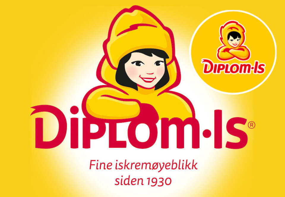 Ny og gammel logo: I den nye logoen har Diplom-Is-jenta fått på seg tradisjonelle vinterklær, men hun beholder fargene og silhuetten fra den gamle logoen (innfelt).