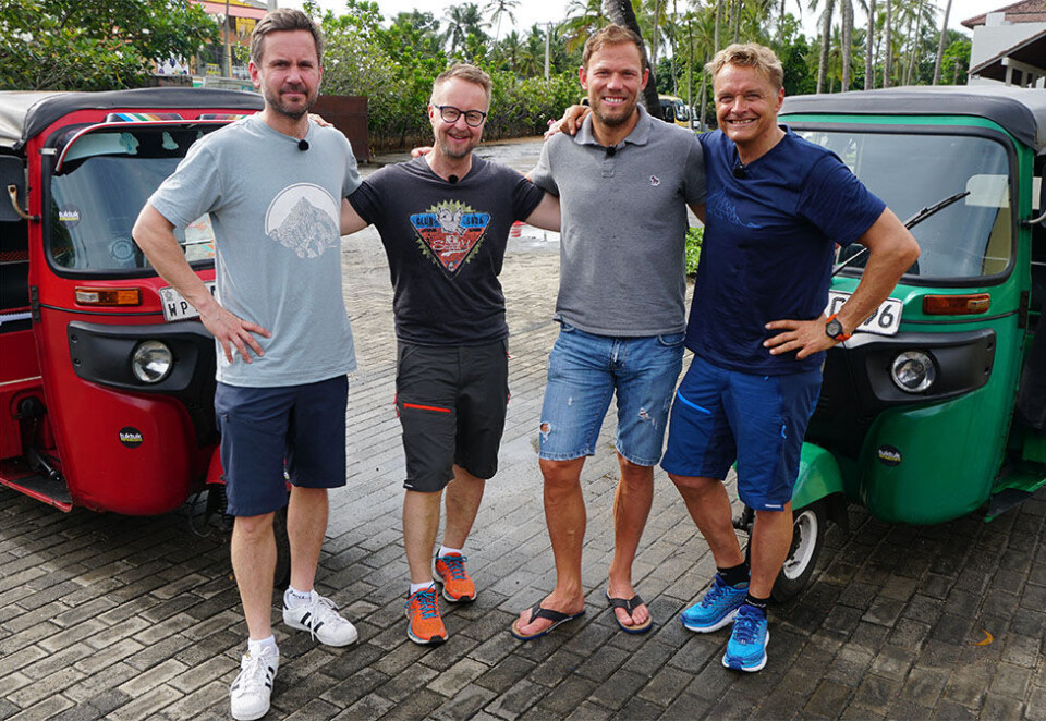 Kristian Ødegård (til venstre) og Dag Otto Lauritzen (til høyre) dro til Sri Lanka med Sigurd Sollien og Thor Hushovd i sesongens første episode. Foto: TV 2