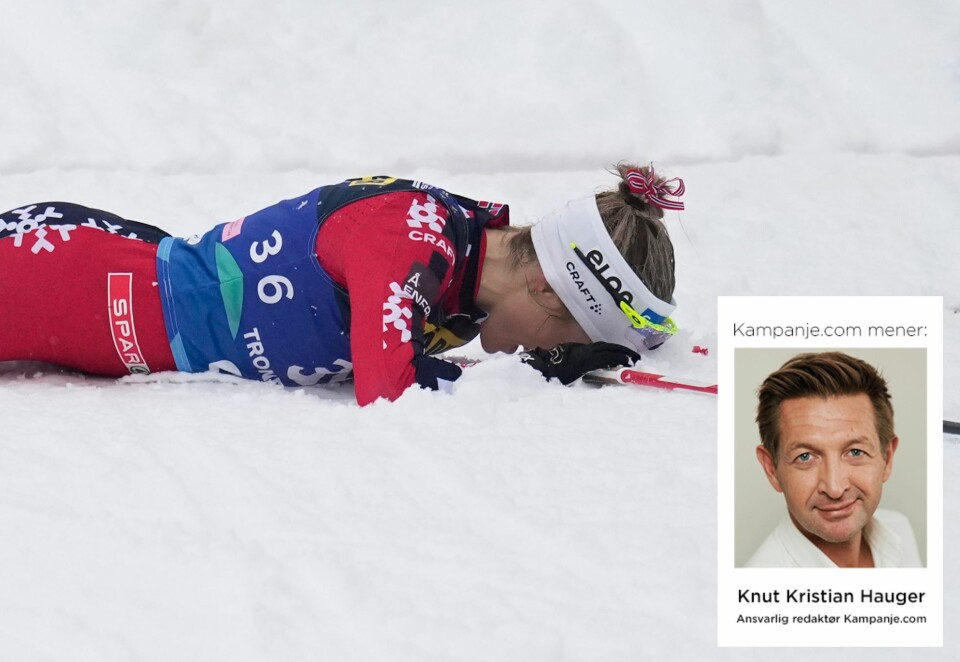 VM-dramatikk: Dramatikken i dette VM er knyttet til om Therese Johaug klarer å få sitt VM-gull eller ikke, og om TV 2 og Telia blir enige før kanalen overtar rettighetene etter NRK. Her Johaug liggende etter målgang på 10-kilometeren tidligere i uken. Foto: NTB