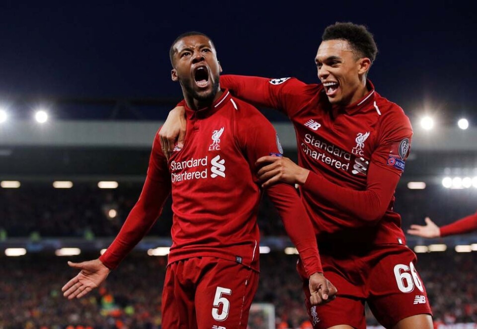 Attraktiv tv-sport: Liverpools Georginio Wijnaldum og Trent Alexander-Arnold feirer en utrolig seier i semifinalen i den attraktive fotballturneringen Champions League. Kampen gikk på TV 2s hovedkanal etter at kanalen bladde opp 240 millioner kroner for å deler av rettighetspakken til TV3-eier Nordic Entertainment Group. Foto: Scanpix.