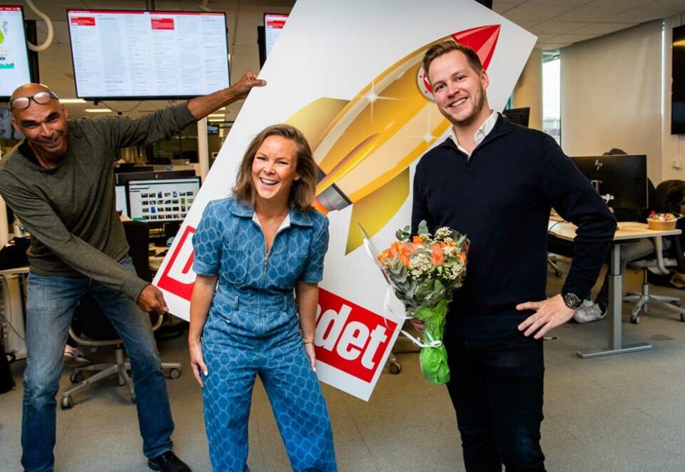 Morsomt på Børsen: Nicolai Eriksen blir ny avdelingsleder for Børsen i Dagbladet etter Jan Thomas Holmlund. Her Eriksen sammen med Bjørn Langsem og Martine Lunder Brenne. Foto: Lars Eivind Bones