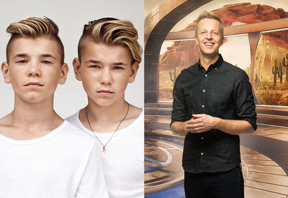 Rykker inn: Popstjernene Marcus & Martinus og programleder Fridtjof Nilsen har fått i oppdrag å stjele seere fra NRK og TV 2 på lørdager i vår. Foto: TVNorge.