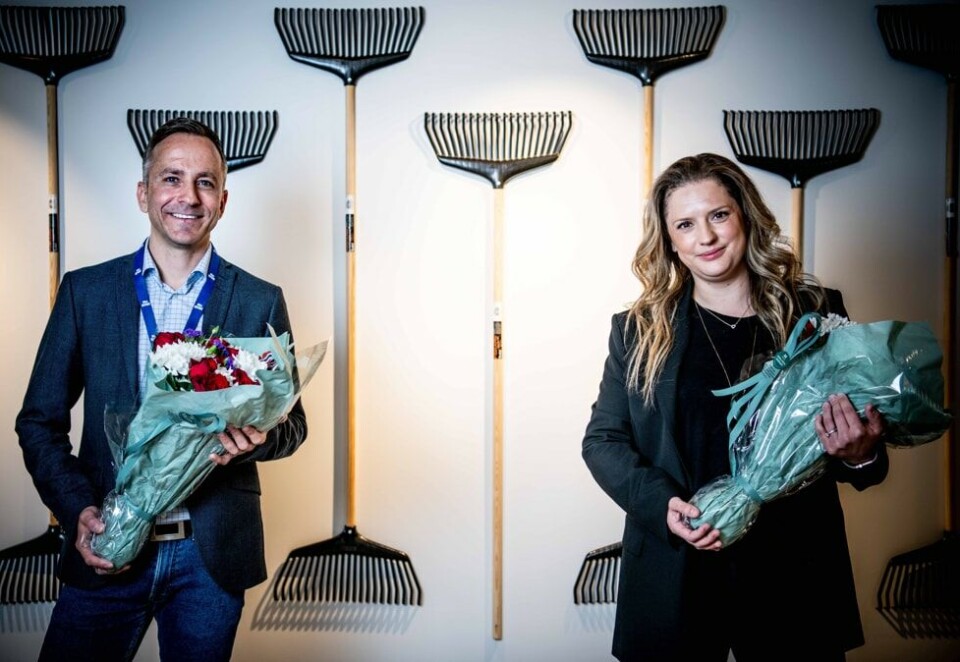 TRAFF BLINK: Gard Robert Hasselstrøm, markedssjef i Obs BYGG, til venstre. Josephine Messa, strategisk konsernkundeansvarlig i Aller Media, til høyre.