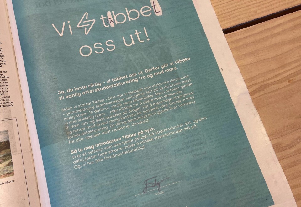 Tibber-tabbe: Strømselskapet valgte flere helsider for å si unnskyld til kundene sine. Foto: Tibber