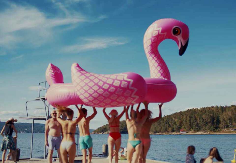 King size flamingo: En rosa, king size flamingo har hovedrollen i den nye Rema 1000-filmen. Sommerkampanjen fra Rema 1000 har skråblikk på fenomenet «oppblåsbare ting til stranden».