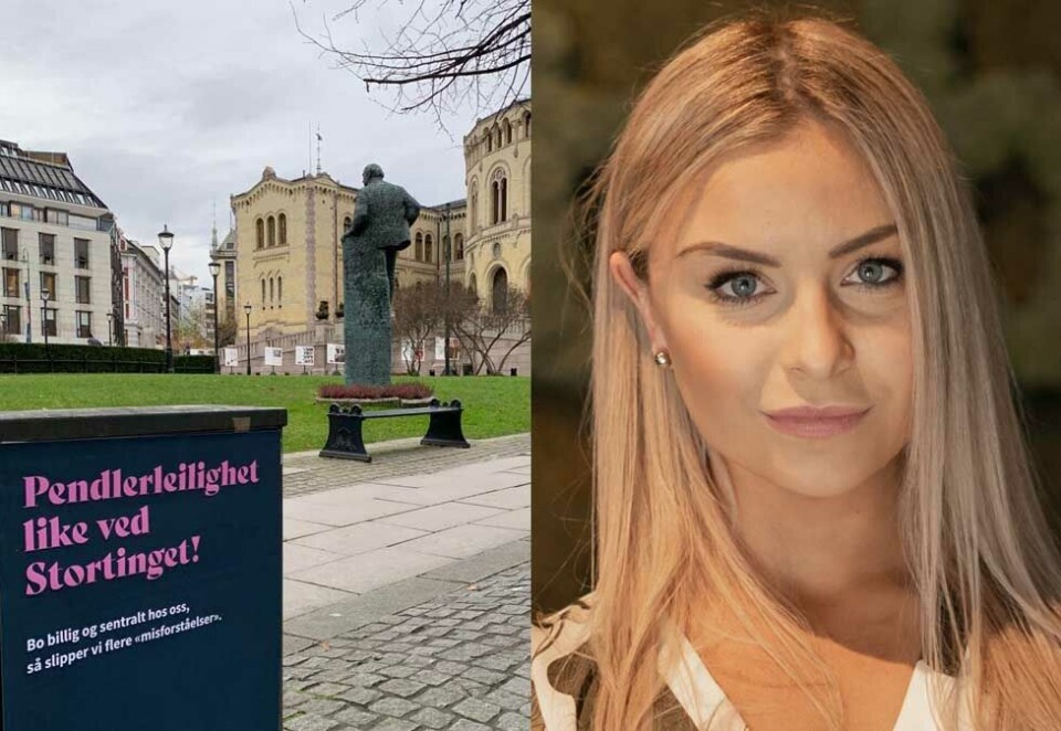 Hotellkjede med politiker-spark: Markeds- og kommunikasjonssjef i hotellkjeden Citybox, Dorthea Berge, henger ut politikere med pendlerleligheter i ny reklamekampanje. - Som merkevare skal vi sparke litt fra oss og her var det en unik mulighet til å gjøre akkurat det, sier hun.
