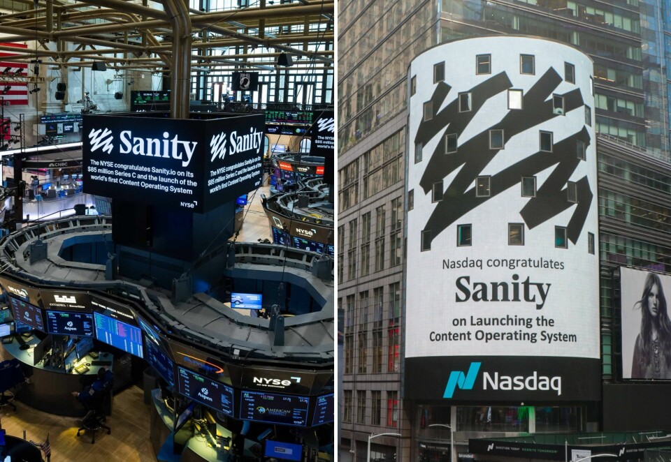 Ny identitet: Den nye Sanity-logoen skinner i all sin prakt inne på New York-børsen, og ute i Times Square. Foto: Sanity