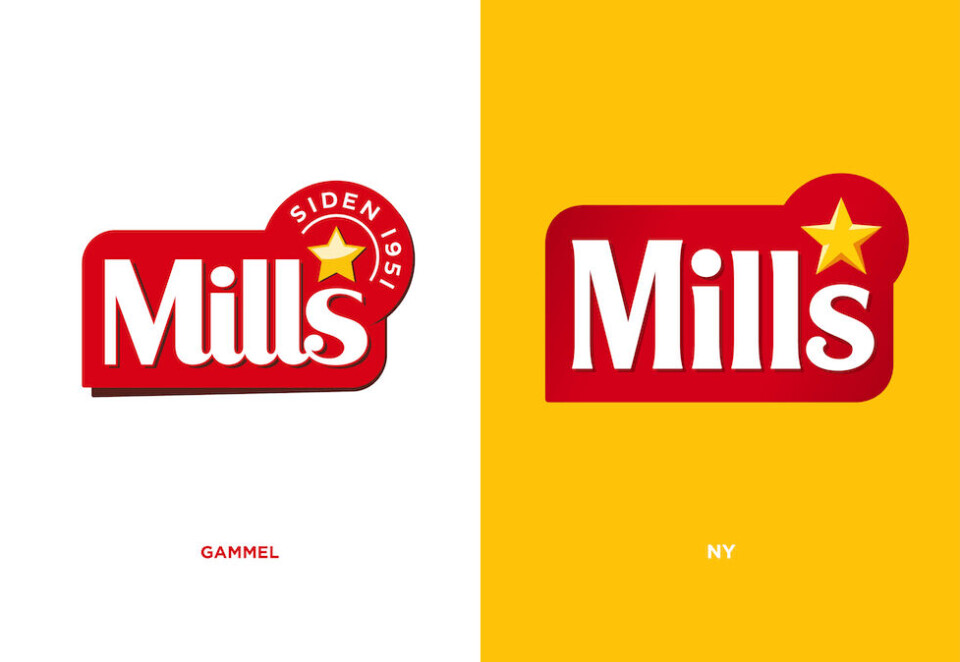 Før og etter: Den kjente logoen til Mills har fått en makeover. - Designendring på en så kjent og kjær merkevare som Mills skal gjøres med stor ydmykhet og respekt, sier merkevaresjef Camilla Hegrestad.