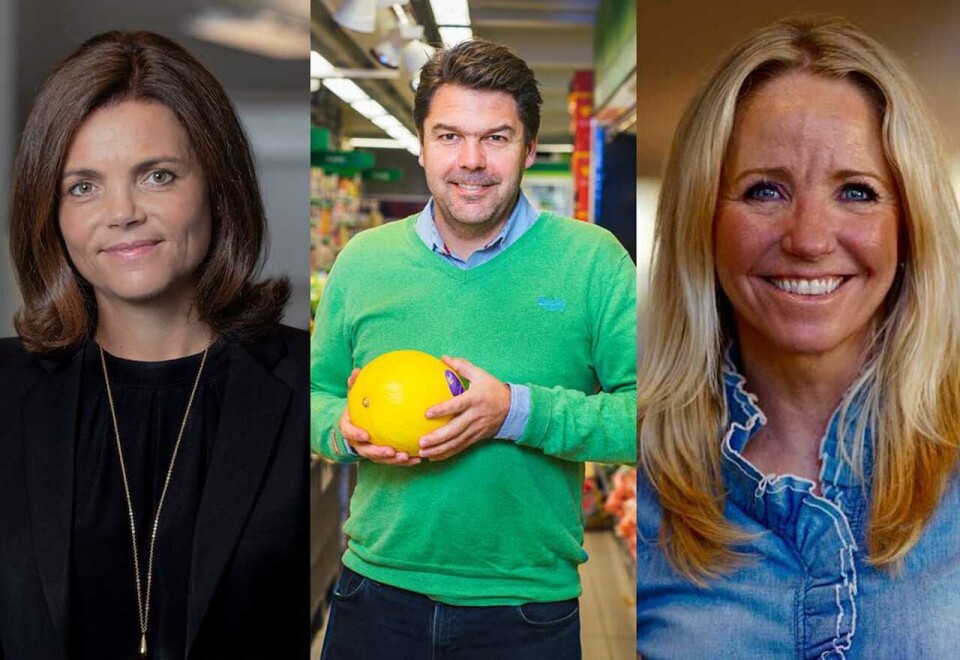 Størst på reklamekjøp: Nielsen har målt opp merkevarenes reklameinvesteringer i fjor og de viser at dagligvarer, bil og telekom er noen av de aller største sektorene. Her dagligvaretoppene Pia Martinsen Mellbye fra Rema 1000, Jacob Rolland i Kiwi og Camilla Forberg i Telia.