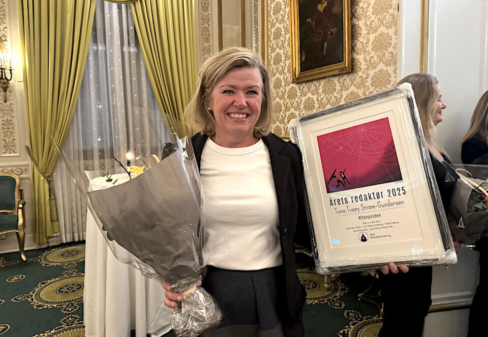 Mottok pris: Tone Tveøy Strøm-Gundersen mottok prisen som årets redaktør under Oslo Redaktørforening sitt møte på Hotel Bristol onsdag denne uken. Foto: Knut Kristian Hauger.