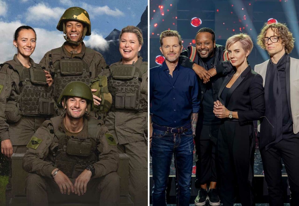 Rekrutter og dommere: Våren på TV 2 har vist en utvikling der pilene peker oppover og det er TV 2s kjendisrekrutter og talentspeidere som drar seerandelene oppover. Her fra venstre rekruttene Tete Lidbom, Thomas Hayes og Anette Stai og til høyre Voice-dommerne Jarle Bernhoft, Yosef Wolde-Mariam, Ina Wroldsen og Espen Lind. Foto: TV 2