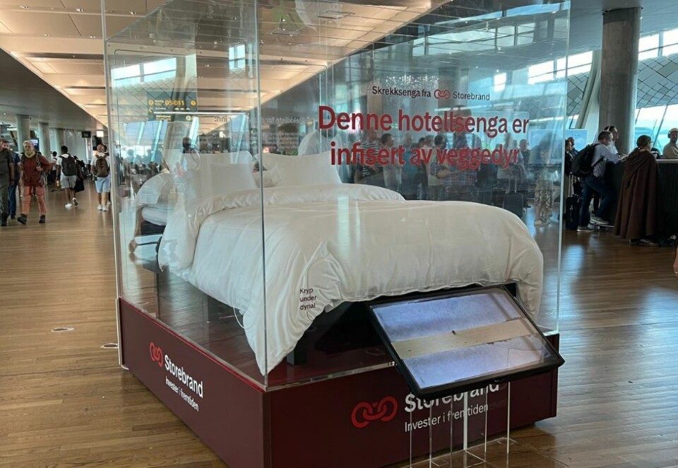 Fullt liv: I denne sengen på Oslo lufthavn kryr det av liv. Skrekksengen er plassert ut på flyplassen for å informere reisende om veggedyr. Foto: Storebrand