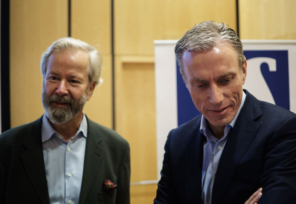Sterk attest: Styreleder Ole Jacob Sunde skryter av Rolv Erik Ryssdal, som hadde sin siste resultatpresentasjon som konsernsjef i Schibsted i dag. Foto: Tobias Fredø.