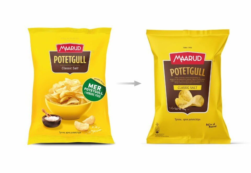 Nytt design: Det nye designet på potetgullposene fra Maarud illustrer et våpenskjold.