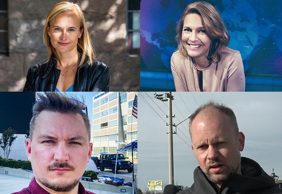 Reiser ut: Heidi Taksdal Skjeseth (øverst til venstre), Gry Blekastad Almaas, Lars Os (nederst til venstre) og Philip Lote blir nye korrespondenter for NRK. Foto: Kristine Lindebø/NRK