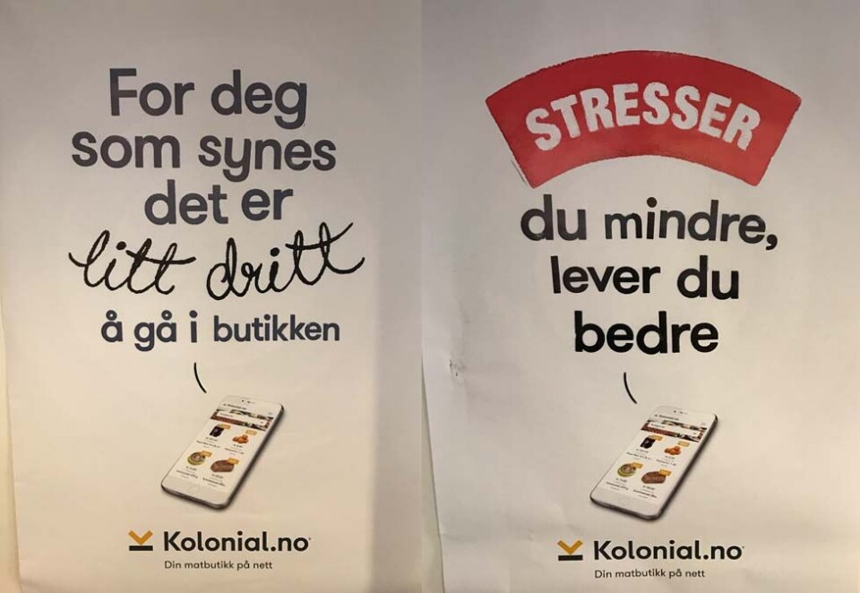Skapte bråk: Her er to av utendørsreklamene som Kolonial.no fikk laget – og som skapte storm blant konkurrentene. Foto: Hilde Nyman