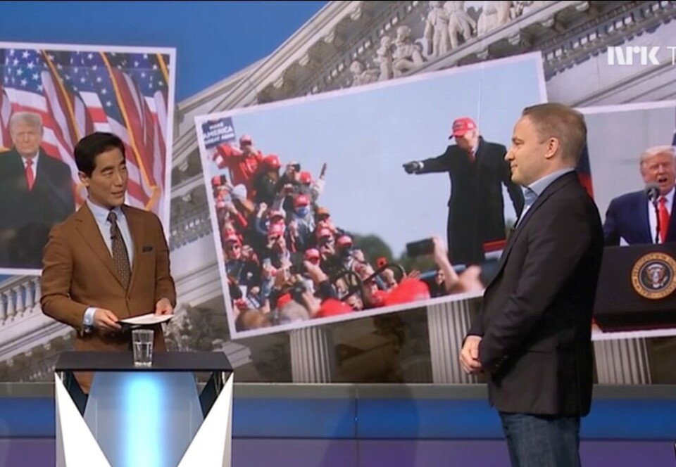 Omstridt gjest: Fredrik Solvang tok imot Resett-redaktør Helge Lurås i Debatten. Det falt ikke i god jord hos alle seere, men i Kringkastingsrådet mente de aller fleste at det var riktig å invitere det omstridte nettstedet. Skjermbilde: NRK