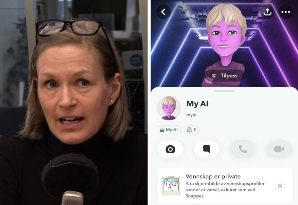 Skeptisk: Direktør Line Coll i Datatilsynet er ikke spesielt begeistret for den nye vennen hun og 2,8 millioner andre nordmenn har fått i Snapchat. Her er Coll i NRKs Dagsnytt 18-studio tirsdag. Til høyre et skjermbilde av Snapchat-roboten.