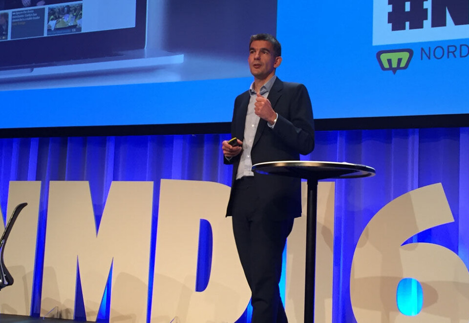 Sponser festivalen: Googles europeiske sjef Matt Brittin forsøkte å dempe bekymringene til en samlet norsk mediebransje på Nordiske Mediedager, der det amerikanske selskapet også er inne som sponsor. Foto: Dag Robert Jerijervi.
