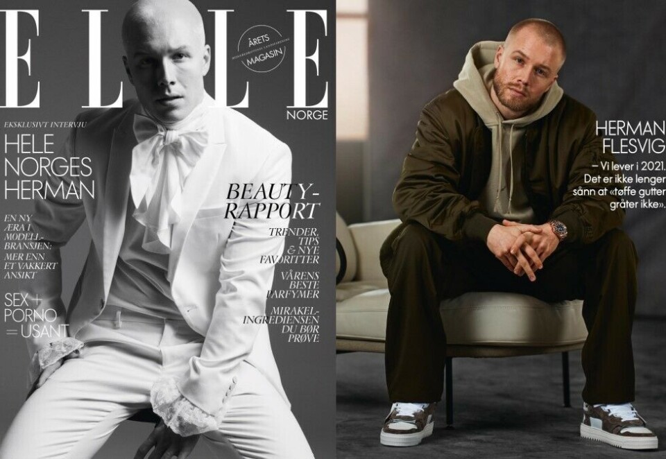 Pryder begge forsider: Herman Flesvig er på forsiden av den aller første «Konkret»-utgivelsen (til høyre) og Elle (til venstre). - Vi tenkte umiddelbart på Flesvig da vi begynte å arbeide med den første utgaven, sier Elle-redaktør Petra Middelthon. Foto: Elle