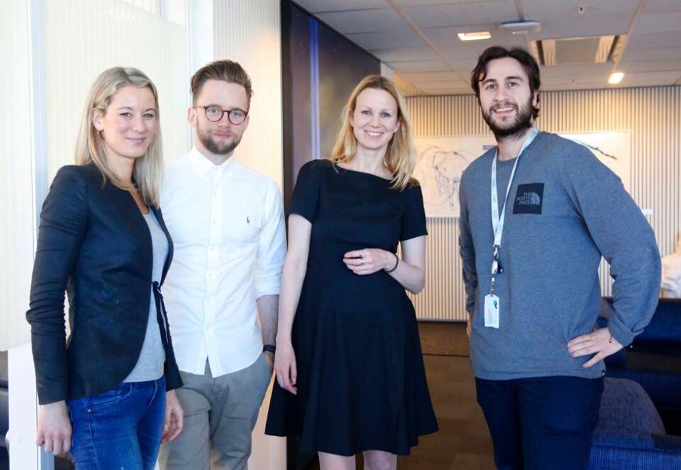 Dette er teamet som har jobbet med markedsføringen av DNB Bedrift i 2018: Fra venstre: Maja Flaatten, Magnus Bringsvor, Aina Lemoen Lunde og Christoffer Sapienza. Foto: Eivor Eriksen