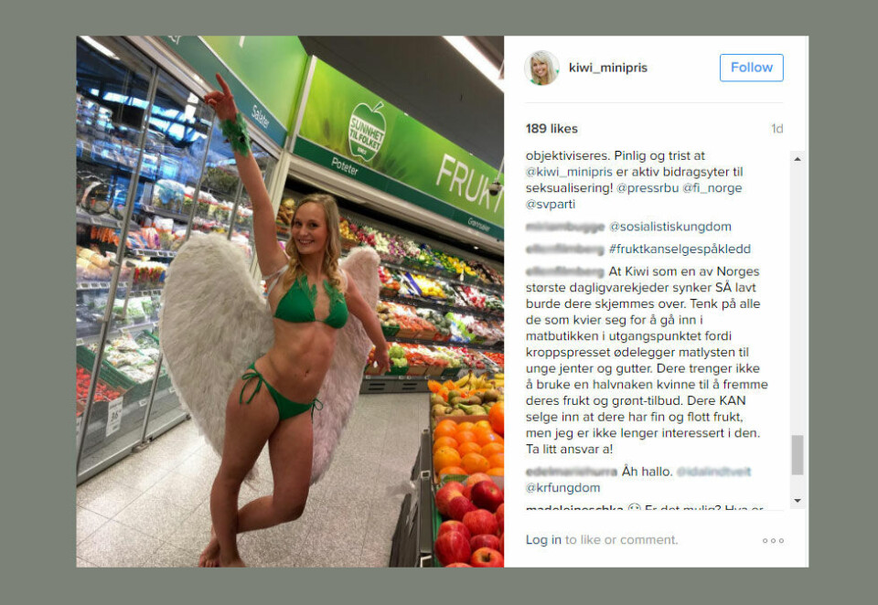 Måtte fjerne bilde fra Instagram: Dagligvarekjeden Kiwi la i går ut et bilde av en ansatt i bikini. Det måtte fjernes etter reaksjoner fra publikum. Bilde: Skjermdump