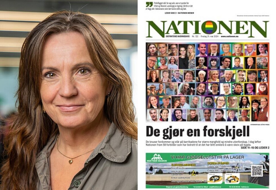 Bygdepride: Den nye redaktøren i Nationen, Jannicke Engan, tar inn regnbuefargene i sin avislogo denne måneden og lover flere gode Pride-saker i ukene som kommer. Denne helgen hadde hun viet hele forsiden til bygdepride. Foto;: Jonas Ruud, Tun Media