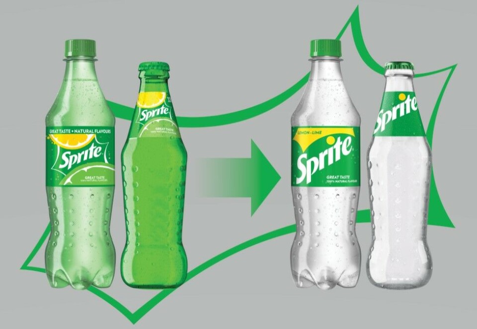 Fra grønn til blank: Den ikoniske grønne Sprite-flasken forsvinner. - Når den ikoniske grønne Sprite-flaska blir blank, blir den også mer miljøvennlig, sier Frida Keane, kommunikasjonsdirektør i Coca-Cola AS. Foto: Coca-Cola AS