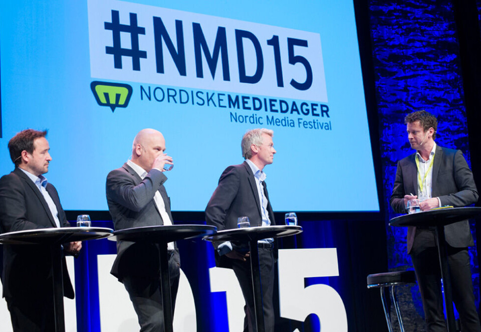 Tenner på drama: Alle de norske tv-sjefene vil ha mer tv-drama. Her er TV3-sjef Morten Micalsen, NRK-sjef Thor Gjermund Eriksen og TV 2-sjef Olav T. Sandnes samlet under Nordiske Mediedager. Foto: Nordiske Mediedager.